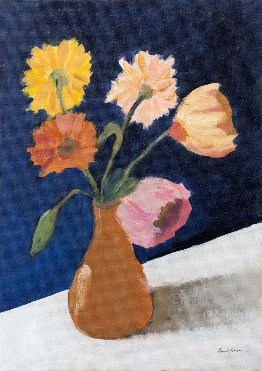 Painting of orange, yellow, peach and pink flowers in a brown vase against indigo background