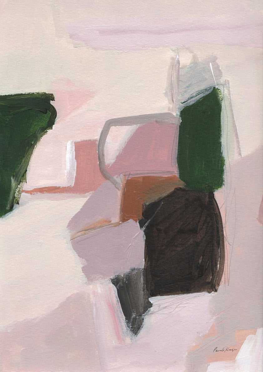 Abstract painting with blush pink background and blocky green, brown and terracotta shapes