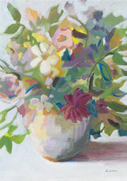 Impressionistic painting of a floral bouquet in a pale vase with pink, cream and purple blooms