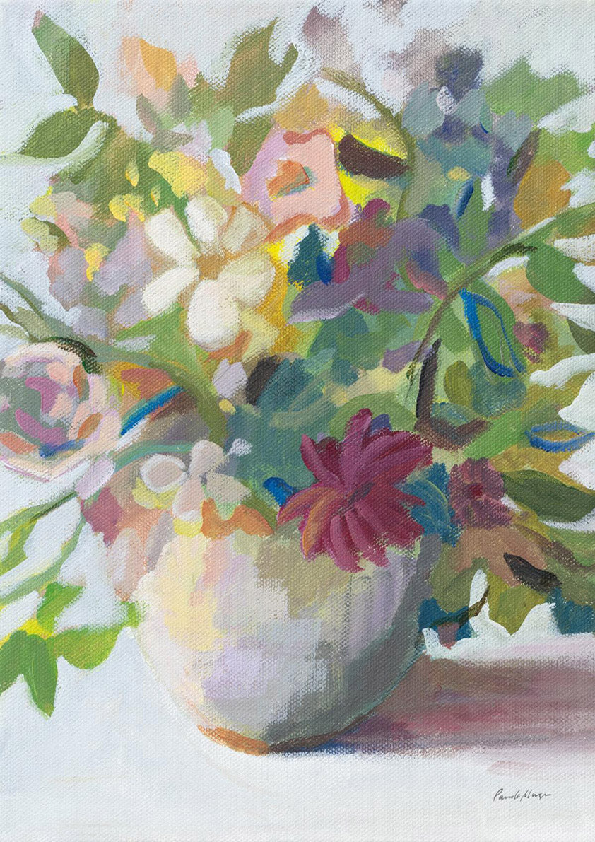 Impressionistic painting of a floral bouquet in a pale vase with pink, cream and purple blooms