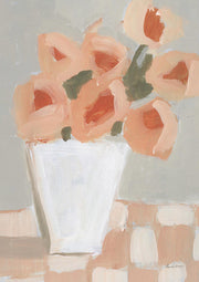 Painterly still life of peach flowers in a white vase on a checkered tablecloth