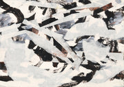 Abstract painting with black brushstrokes, pale grey diagonal bands and rust accents on cream