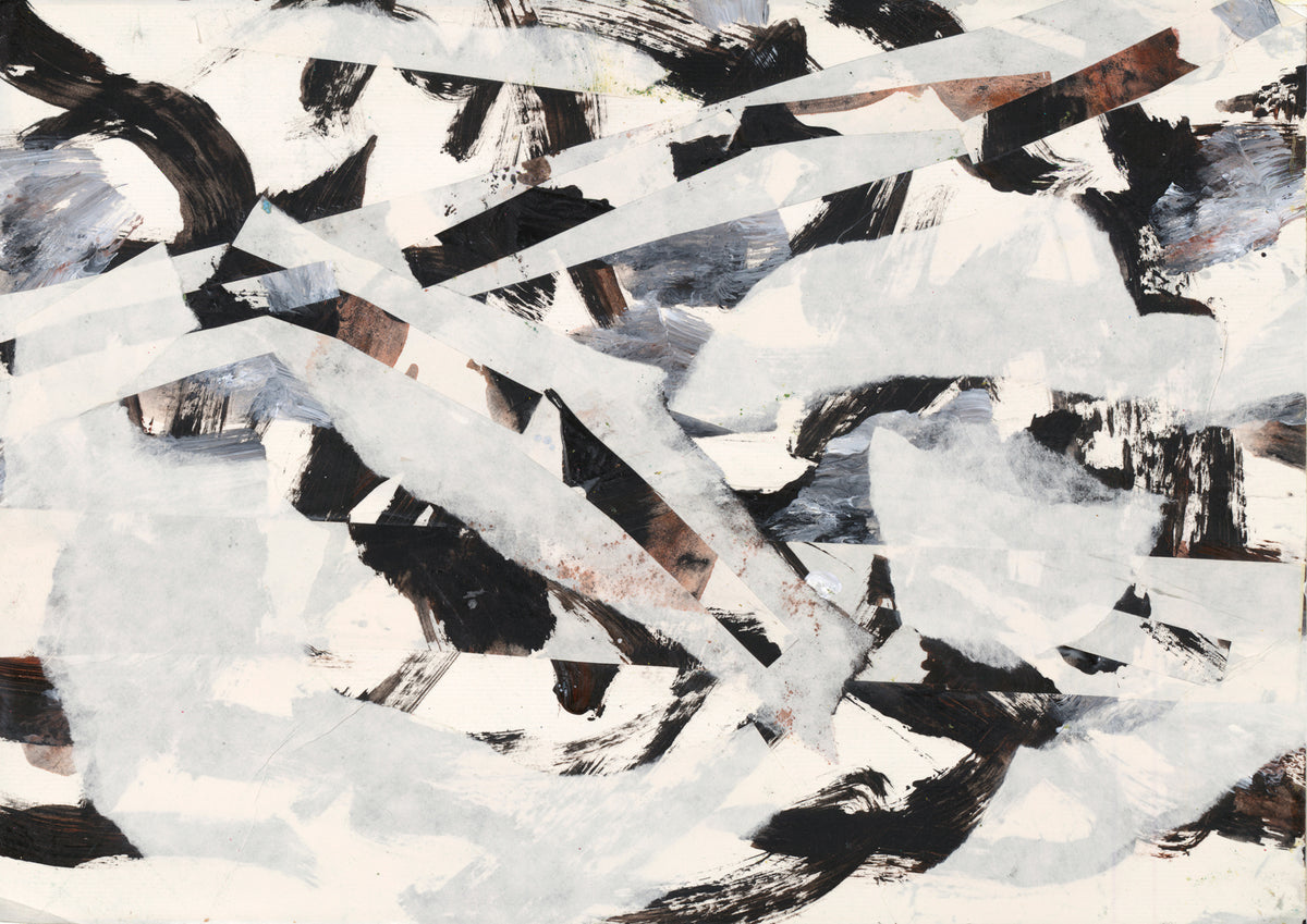 Abstract painting with black brushstrokes, pale grey diagonal bands and rust accents on cream