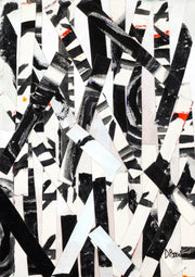 Abstract black and white collage of crisscrossing painted paper strips with small orange accents