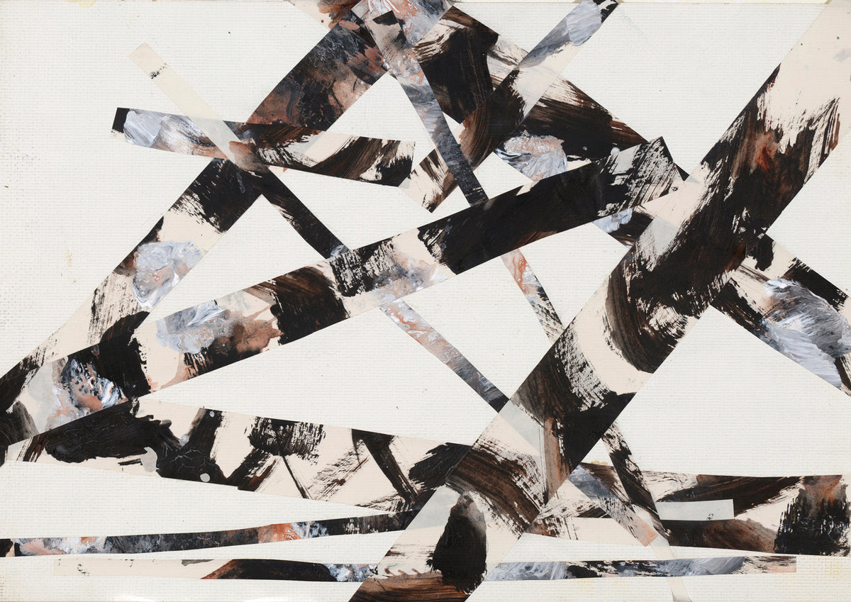 Abstract painting of crossing black brushstroke bands on a cream background with rust and grey accents
