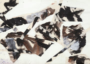Abstract painting with black and brown brushstrokes fragmented by paper strips on a pale ground