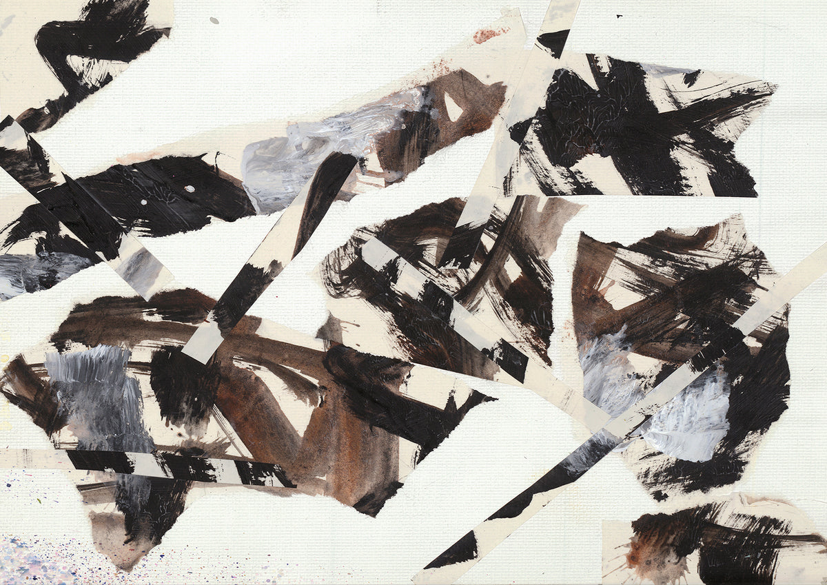 Abstract painting with black and brown brushstrokes fragmented by paper strips on a pale ground