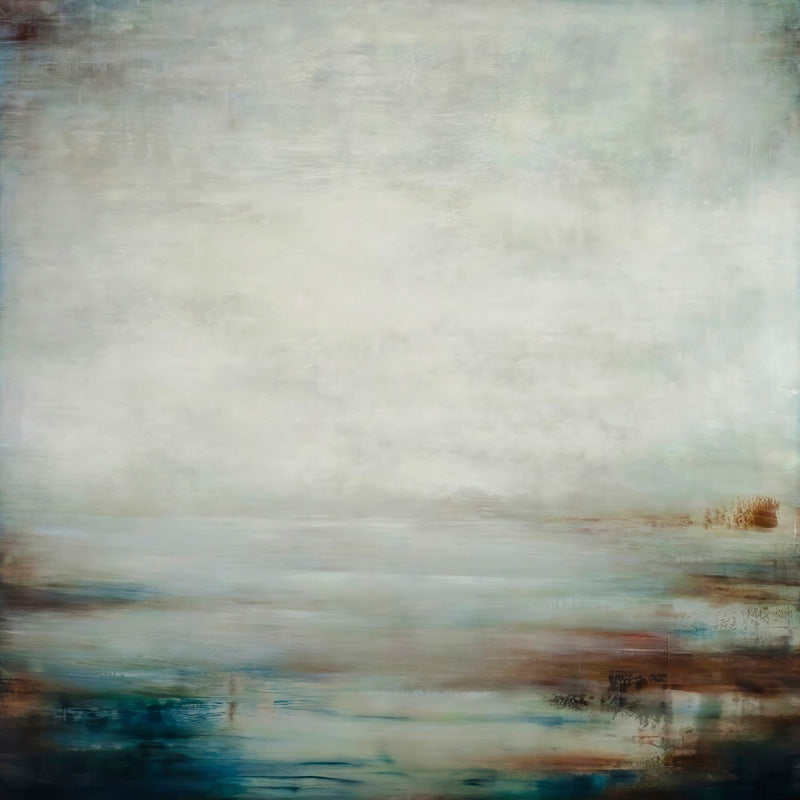 Abstract painting of a hazy horizon with muted blue, brown and beige tones over water