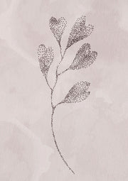 Dotted line drawing of a leafy branch on a soft pink watercolour background
