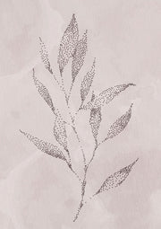 Pointillism illustration of a leafy branch on a soft pink watercolour background