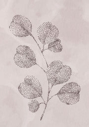 Dotted pointillism illustration of a spotted gum branch on a muted pink background