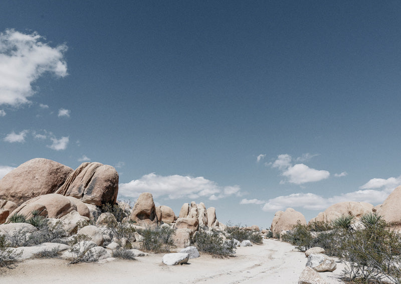 Desert landscape photograph with sandy path, granite boulders, sparse shrubs, and blue sky with clouds