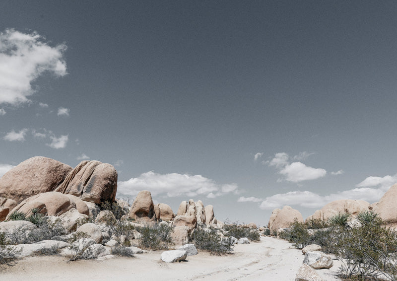 Desert path through large boulders with sage scrub under a cloudy blue sky