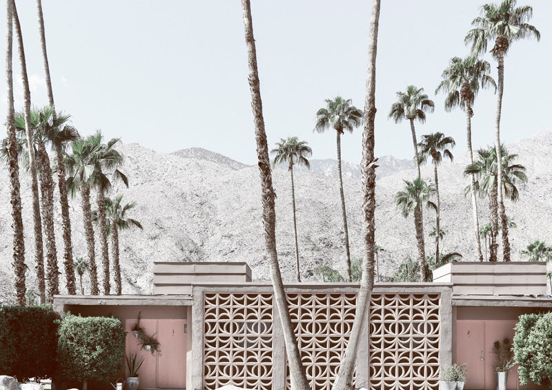 Palm trees and mid-century pink breeze-block wall with mountains behind in Palm Springs