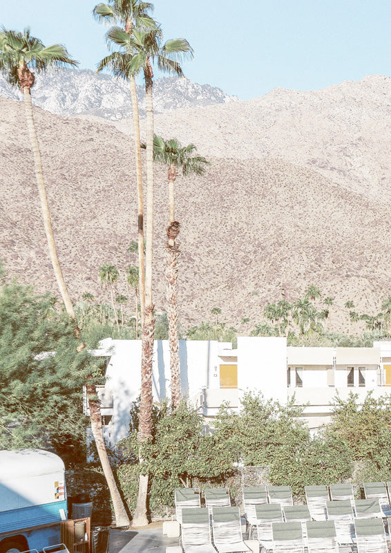 Palm trees and a mid-century building against desert mountains with lounge chairs in foreground