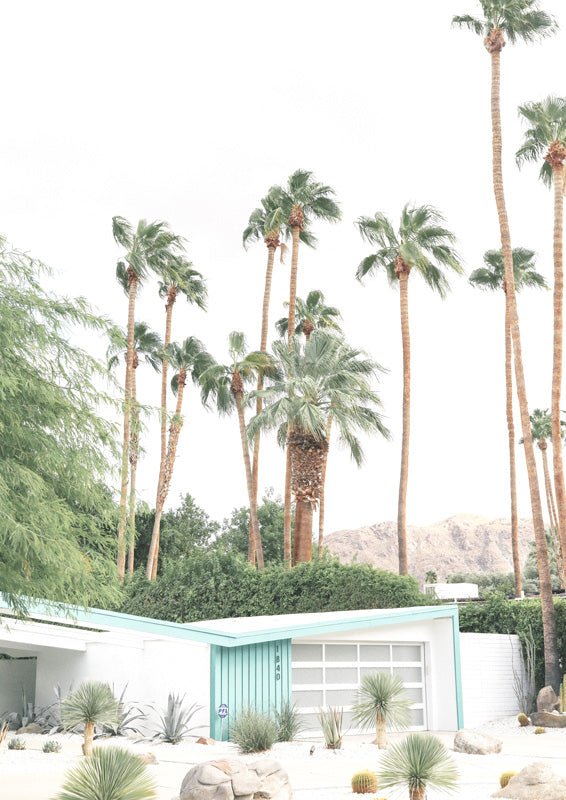 Teal-trimmed mid-century house with palm trees, desert plants and mountains behind it.