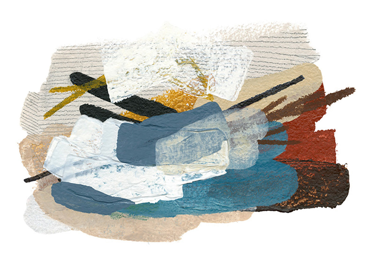 Abstract artwork with blue, ochre and rust brushstrokes on a textured paper-like background.