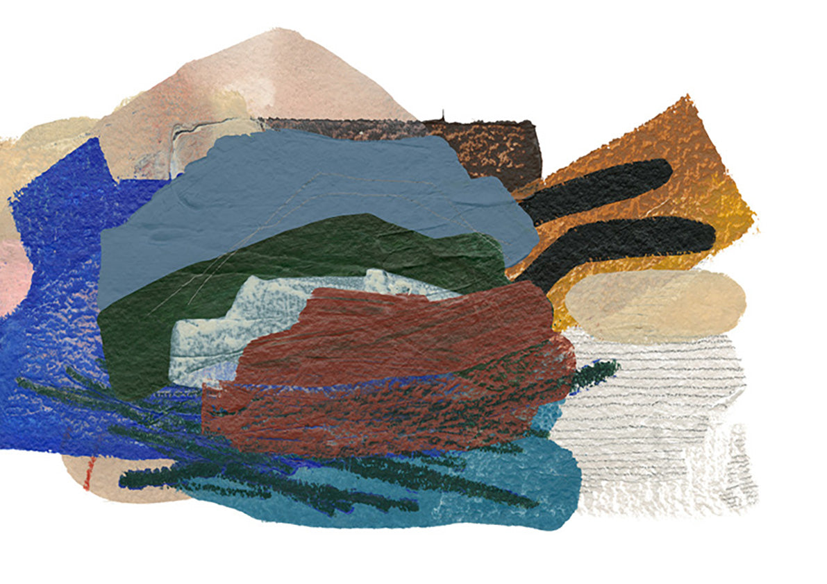 Abstract artwork with overlapping earthy shapes in blue, rust, green and ochre tones
