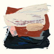 Abstract painting with rust red, black and cream brushstrokes and a central tan oval shape
