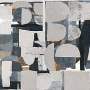 Abstract collage artwork with grey, brown and black geometric shapes and textured surfaces