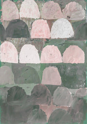 Abstract painting of repeated arch shapes in pink, white, grey and charcoal on sage green