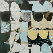 Abstract painting of repeated egg-shaped forms in olive green, cream, black and pale blue tones