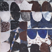 Abstract painting of rounded dome shapes in black, brown, navy and white arranged in rows