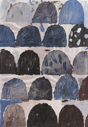 Rows of textured arched dome shapes in blue, grey and brown tones on a pale ground