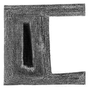 Abstract artwork of a dot-textured black bracket shape with a solid dark rectangle at its centre