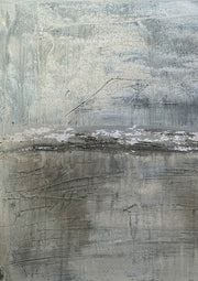 Textured abstract artwork in grey and silver tones with a horizontal divide and etched line detail