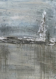 Abstract artwork in silver and grey tones with textured surface and vertical drip lines