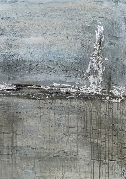 Abstract artwork in silver and grey tones with textured surface and vertical drip lines