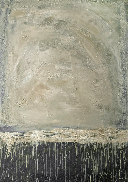 Abstract painting with textured neutral tones over a dark base and vertical drip marks