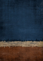 Textured abstract art with navy blue field, gold horizon line, and rust-brown base.
