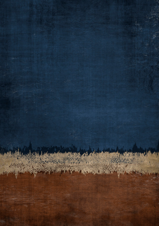 Textured abstract art with navy blue field, gold horizon line, and rust-brown base.