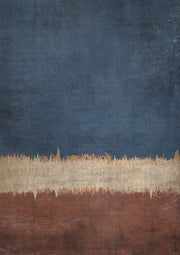 Abstract artwork with indigo, jagged gold and rust-brown horizontal bands and a weathered texture