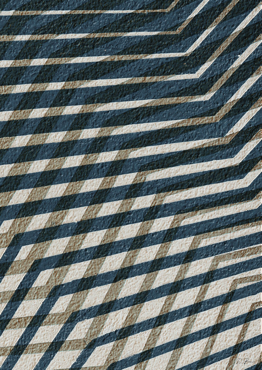 Diagonal navy, tan and white zigzag lines forming a woven geometric pattern