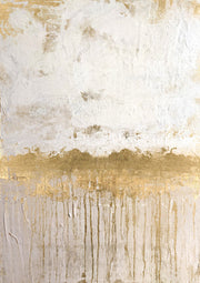 Abstract artwork with cream textured surface and gold drip streaks across a horizontal band