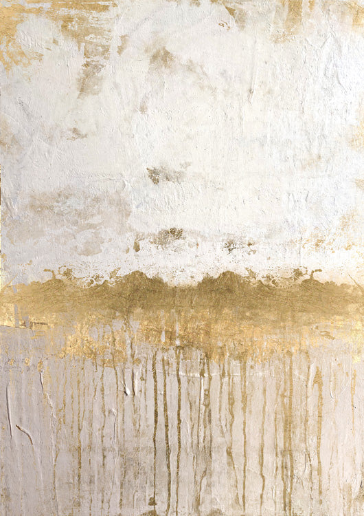Abstract artwork with cream textured surface and gold drip streaks across a horizontal band