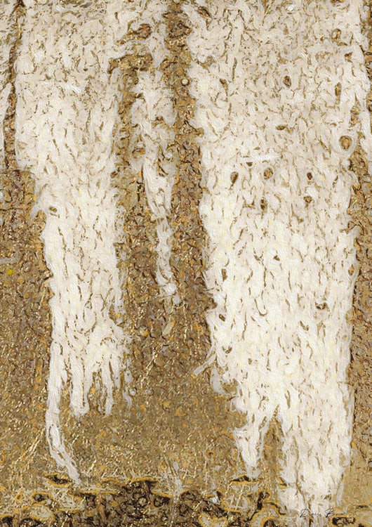 Abstract artwork of cream drips over a textured gold and bronze background