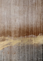 Abstract artwork with vertical brown streaks and a horizontal metallic gold band on textured surface