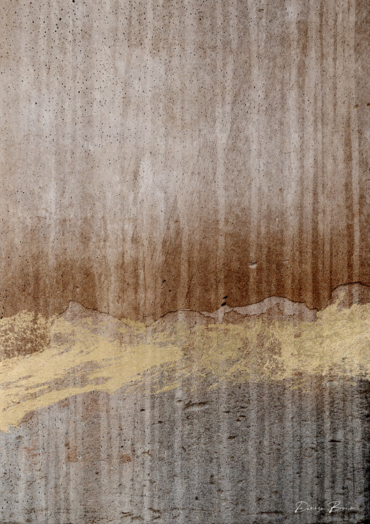 Abstract artwork with vertical brown streaks and a horizontal metallic gold band on textured surface