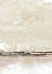 Abstract artwork with textured cream surface, dark horizontal band and soft blush and blue tones below