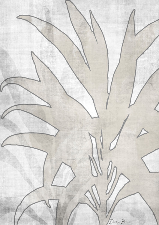 Outlined palm frond illustration in neutral tones on a textured grey background