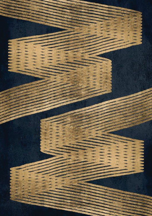 Gold zigzag chevron pattern with linear texture on a navy blue background