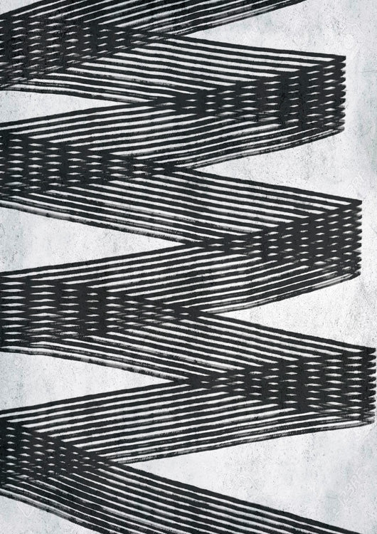 Black zigzag lines in repeating horizontal bands on a textured grey background
