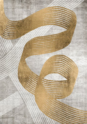 Gold ribbon abstract artwork coiling over a neutral striped background