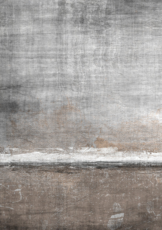 Textured abstract artwork with grey and brown horizontal bands and a rough white dividing line
