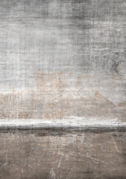 Abstract textured artwork with horizontal grey, white and taupe bands suggesting a landscape