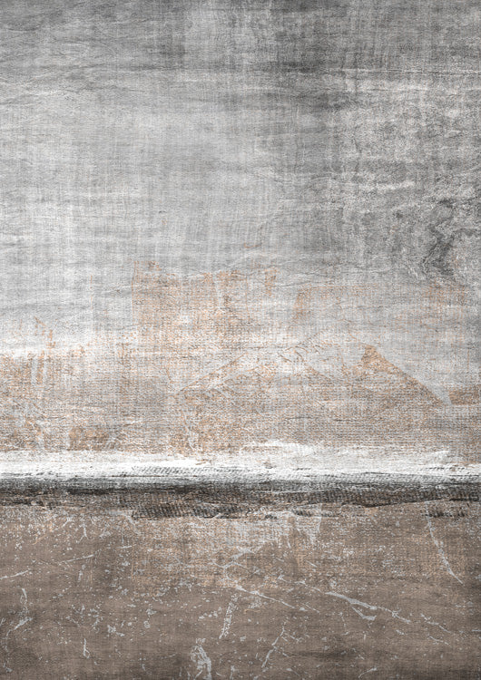 Abstract textured artwork with horizontal grey, white and taupe bands suggesting a landscape